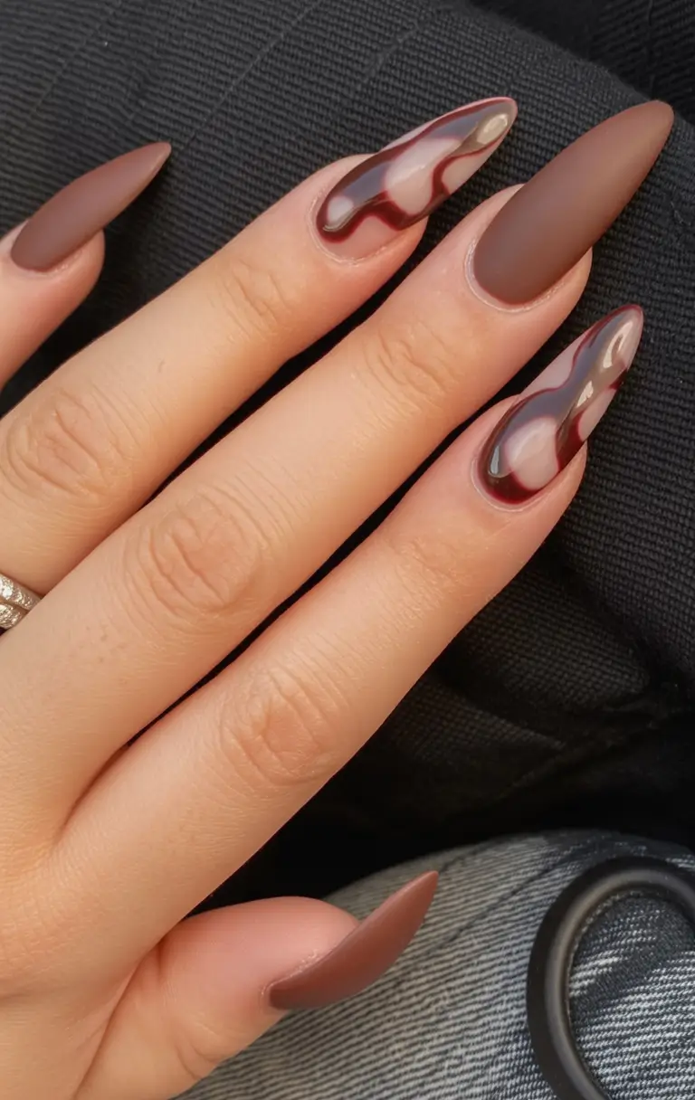 Fall Nail Colors for Brown Skin 2025 – Deep Mocha with Crimson Waves