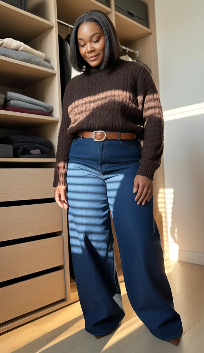 Chic Midsize outfits to Try This Fall 2025 Chocolate Knit with High-Waist Denim