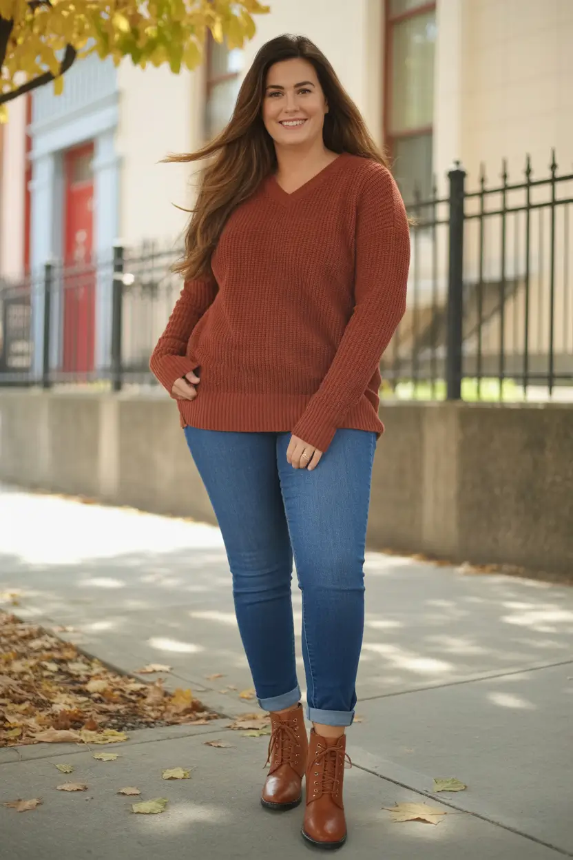 Chic Midsize outfits to Try This Fall 2025 Warm Rust Sweater with Skinny Denim