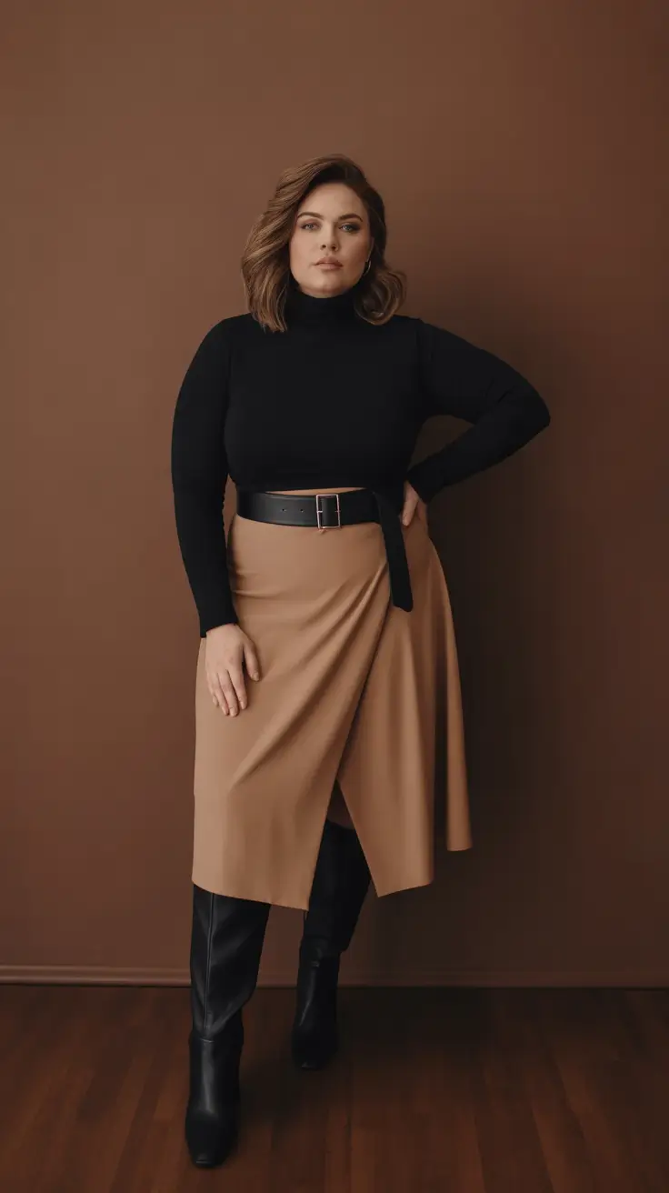 Chic Midsize outfits to Try This Fall 2025 Smart Contrast with a Chic Wrap Skirt