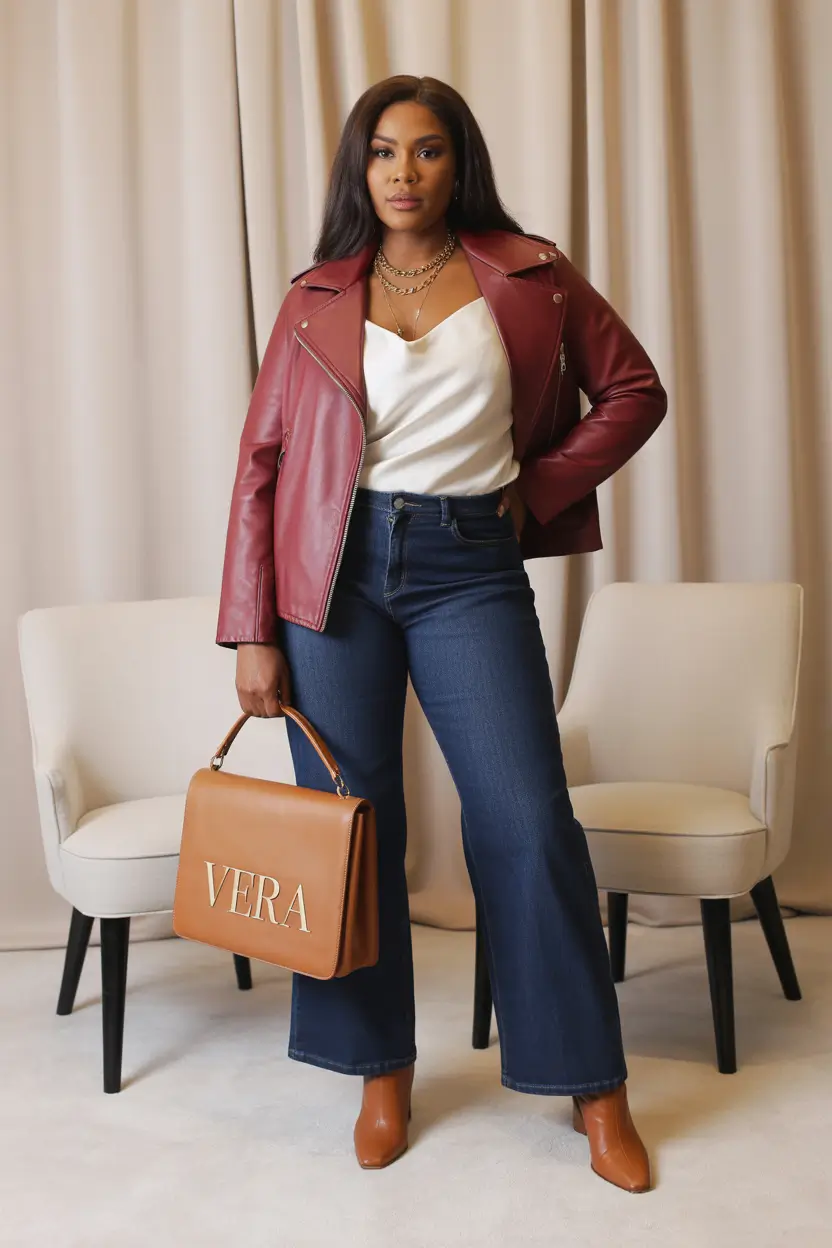 Chic Midsize outfits to Try This Fall 2025 Bold Leather and Denim Confidence