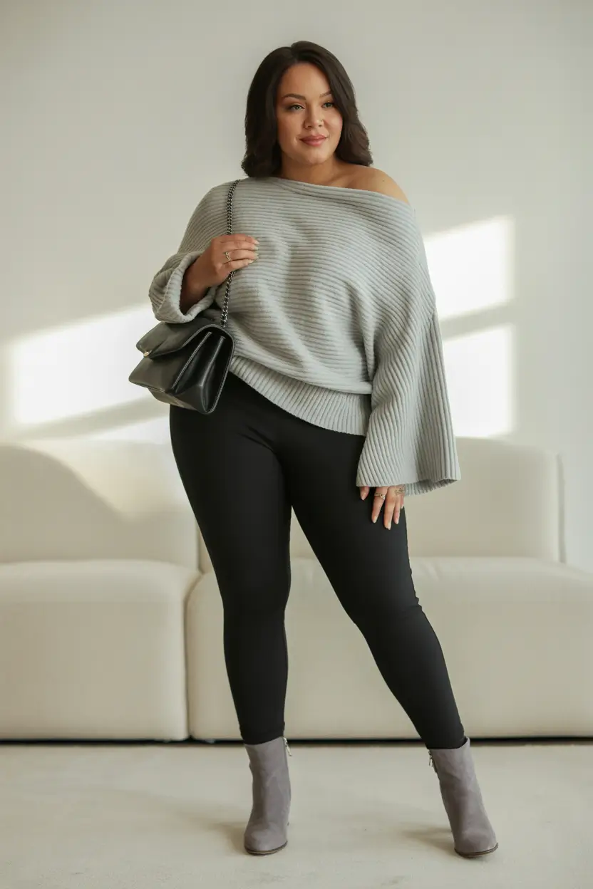 Chic Midsize outfits to Try This Fall 2025 Relaxed Knit with Sleek Leggings