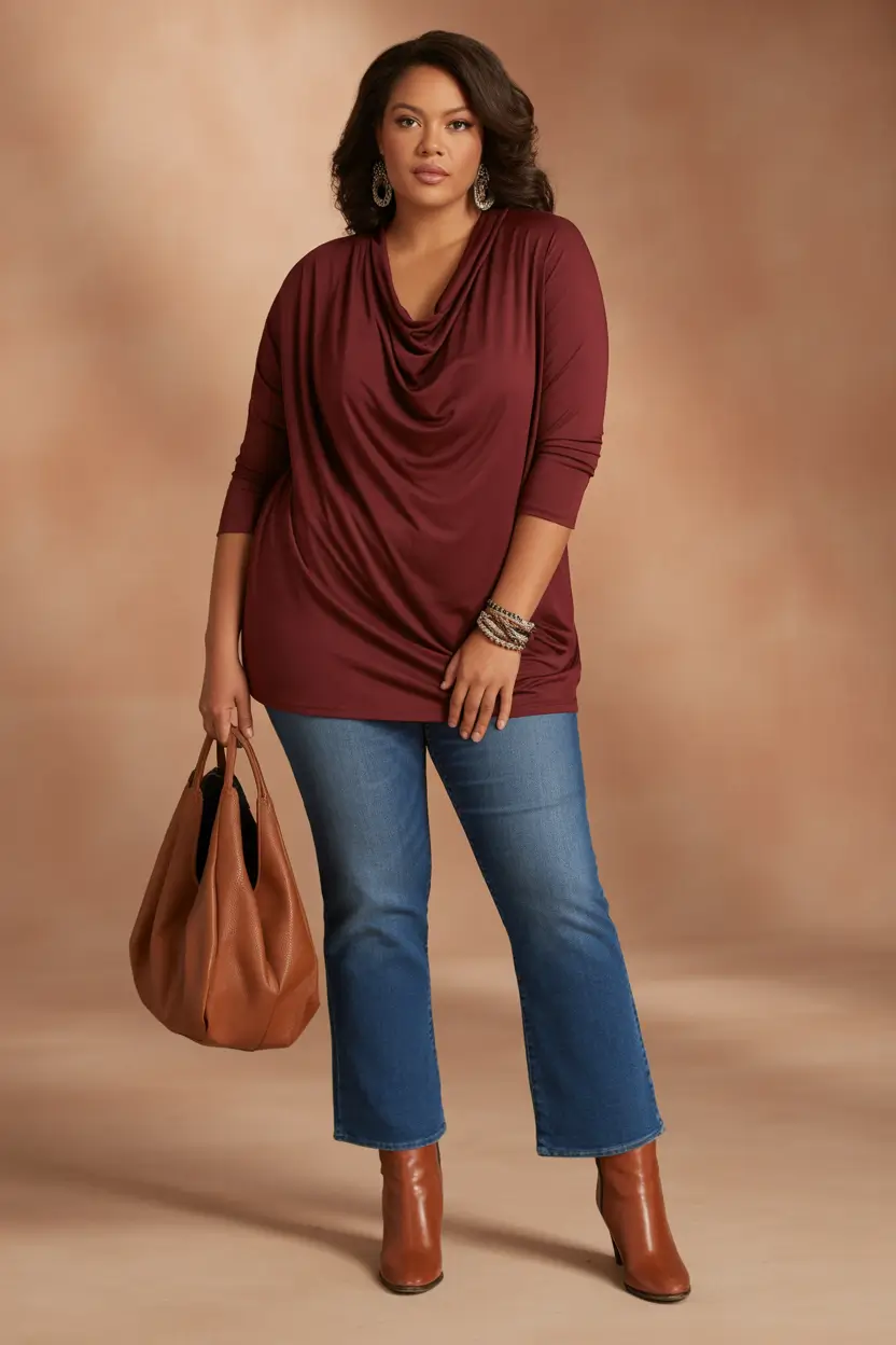 Chic Midsize outfits to Try This Fall 2025 Burgundy Draping with Classic Denim