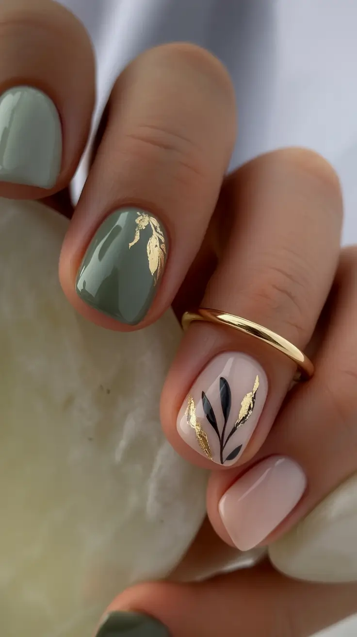 Creative Fall Acrylic Nails Designs 2025 (Short and Long Ideas) Olive Green Elegance