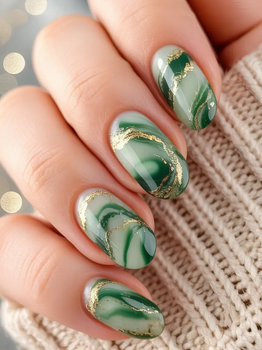 Creative Fall Acrylic Nails Designs 2025 (Short and Long Ideas) Emerald Marble Golden Veins