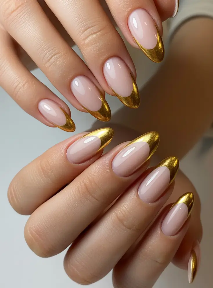 Creative Fall Acrylic Nails Designs 2025 (Short and Long Ideas) Golden Tipped Almond French
