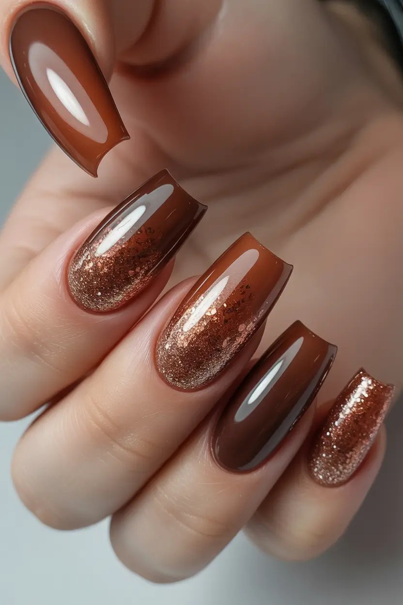 Creative Fall Acrylic Nails Designs 2025 (Short and Long Ideas) Brown Ombre with Copper Glitter