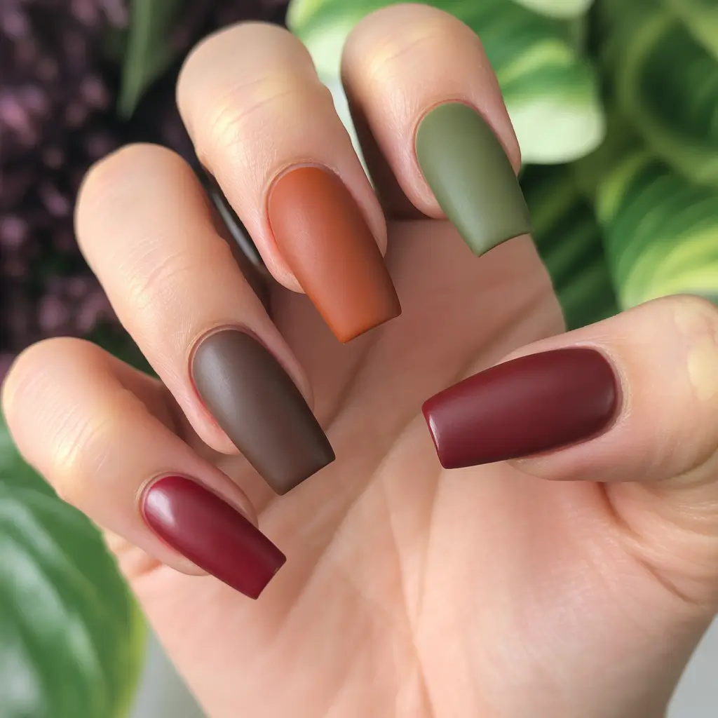 Creative Fall Acrylic Nails Designs 2025 (Short and Long Ideas) Matte Harvest Shades