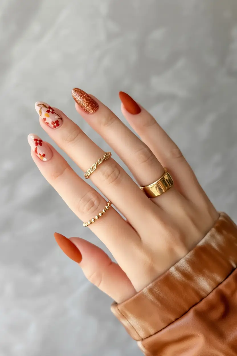 Creative Fall Acrylic Nails Designs 2025 (Short and Long Ideas) Rust Tones with Floral Accents