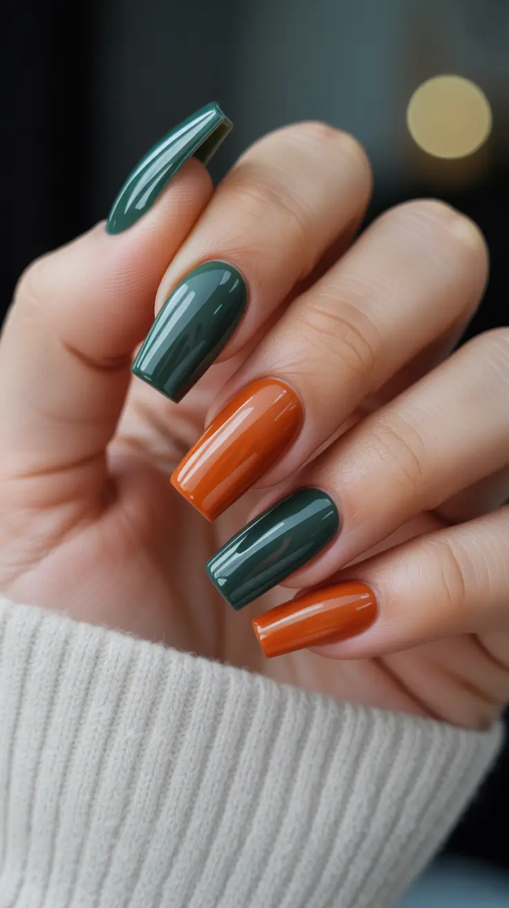 Creative Fall Acrylic Nails Designs 2025 (Short and Long Ideas) Moody Forest Green and Burnt Orange Combo