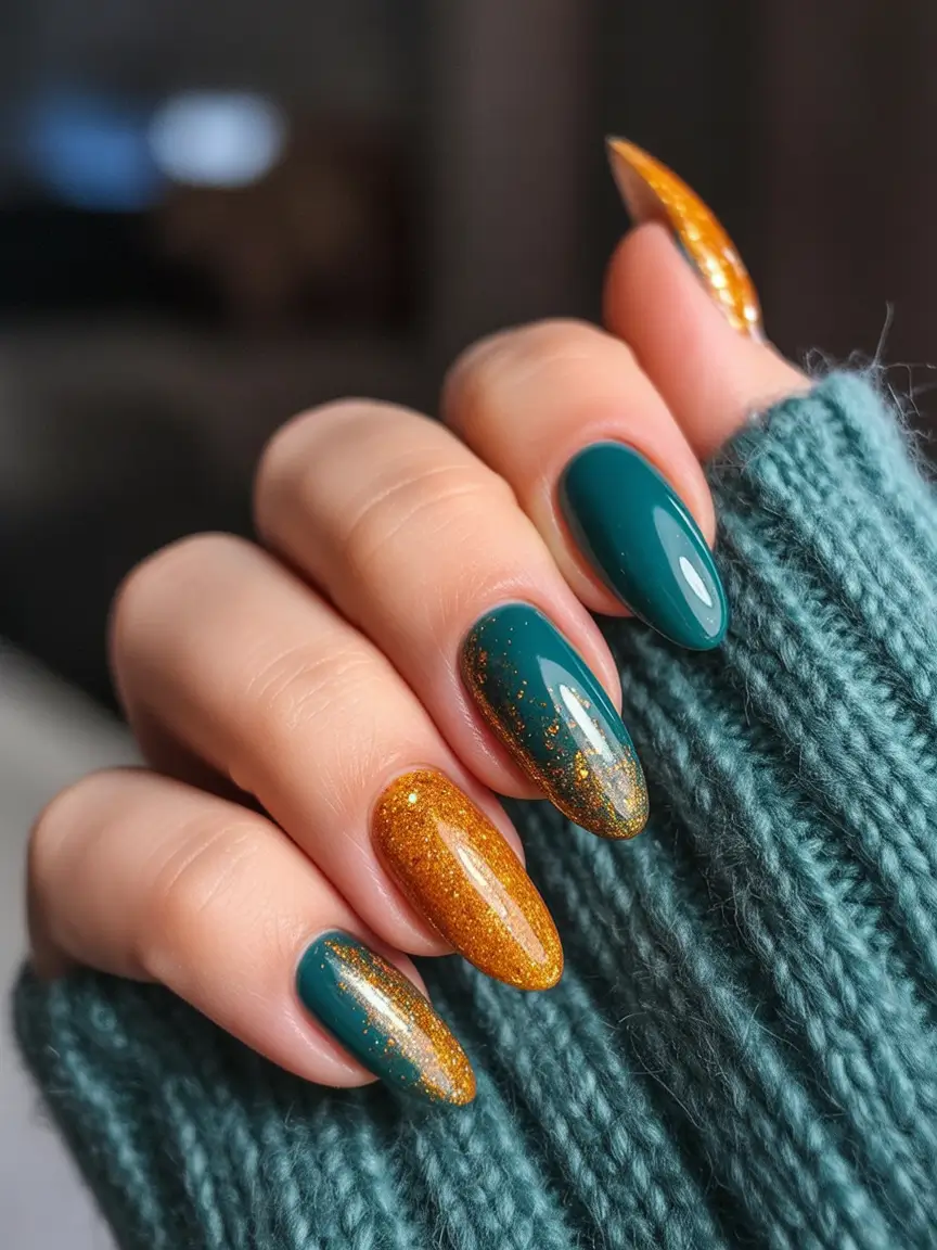 Creative Fall Acrylic Nails Designs 2025 (Short and Long Ideas) Emerald Shine with Golden Sparkle