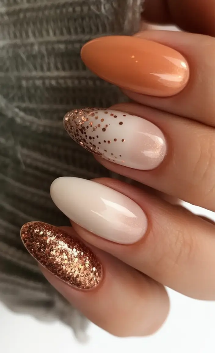 Creative Fall Acrylic Nails Designs 2025 (Short and Long Ideas) Warm Nude and Copper Glitter Elegance