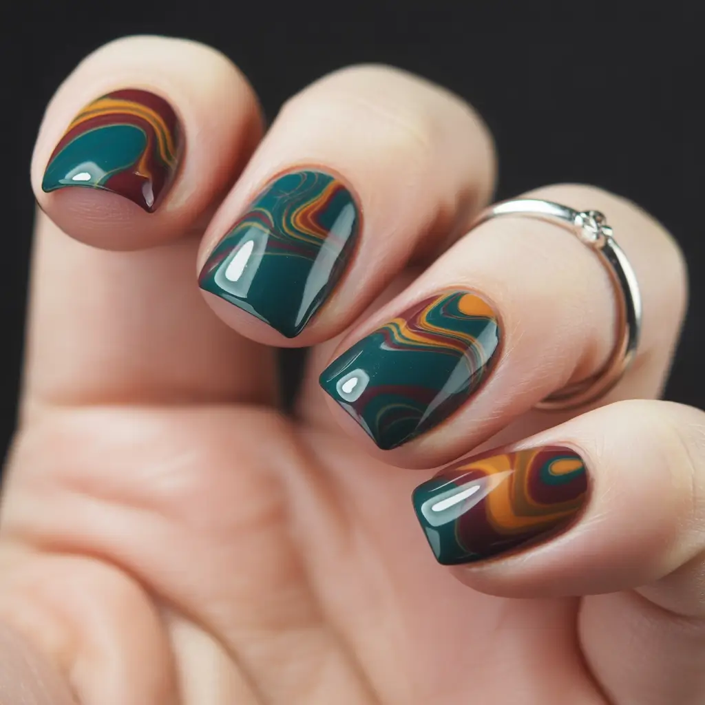 Creative Fall Acrylic Nails Designs 2025 (Short and Long Ideas) Retro Marble Swirls in Autumn Shades
