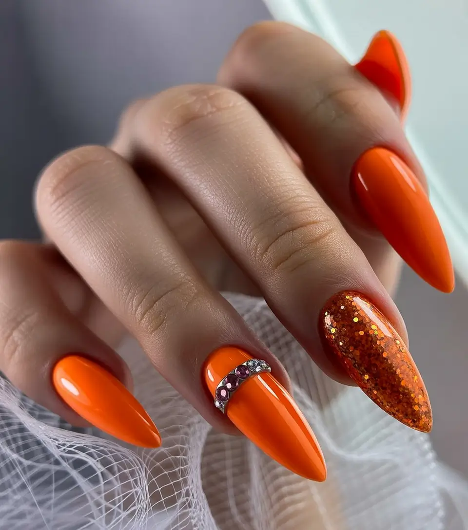 Creative Fall Acrylic Nails Designs 2025 (Short and Long Ideas) Fiery Orange Stiletto Glam