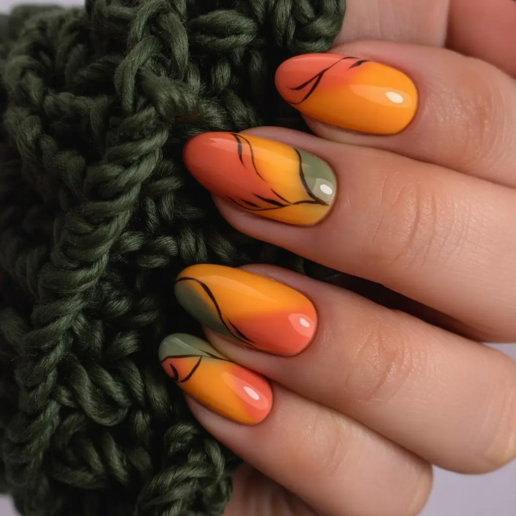 Creative Fall Acrylic Nails Designs 2025 (Short and Long Ideas) Gradient Autumn Leaves