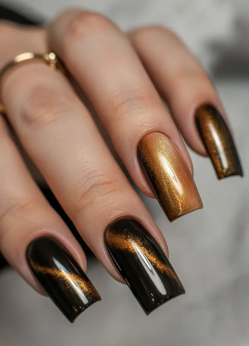 Creative Fall Acrylic Nails Designs 2025 (Short and Long Ideas) Golden Metallic Fade