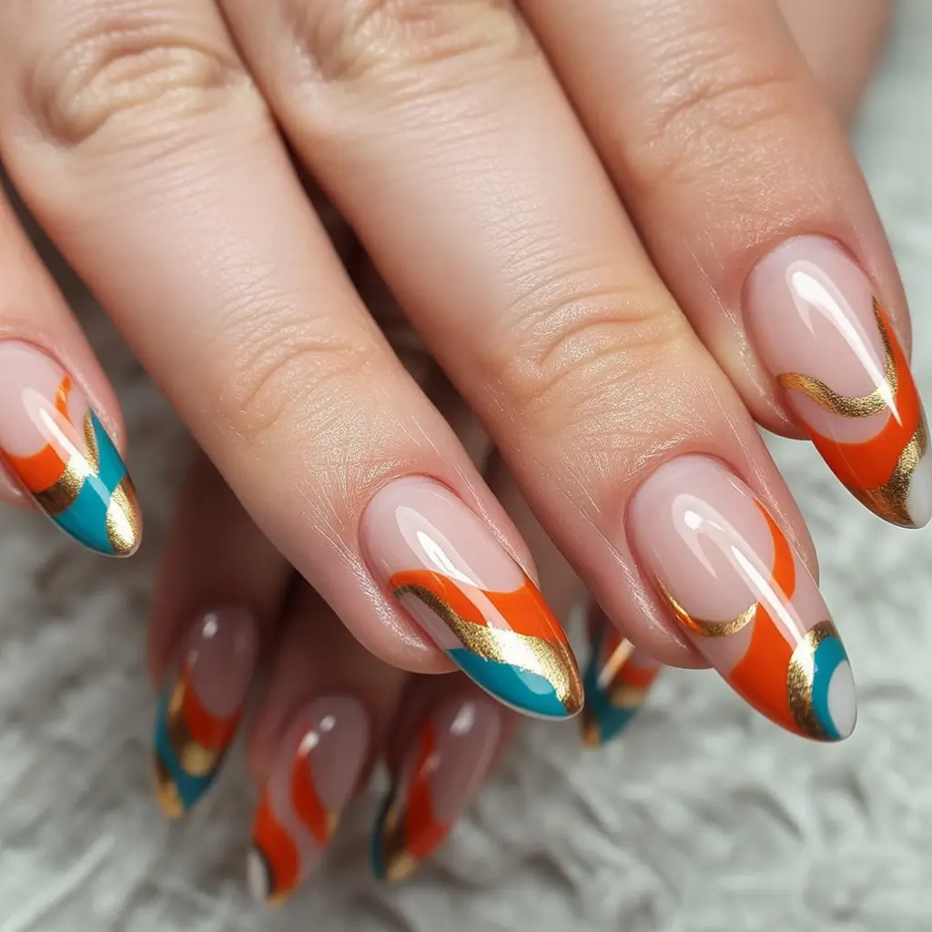 Creative Fall Acrylic Nails Designs 2025 (Short and Long Ideas) Art Deco Waves in Autumn Colors