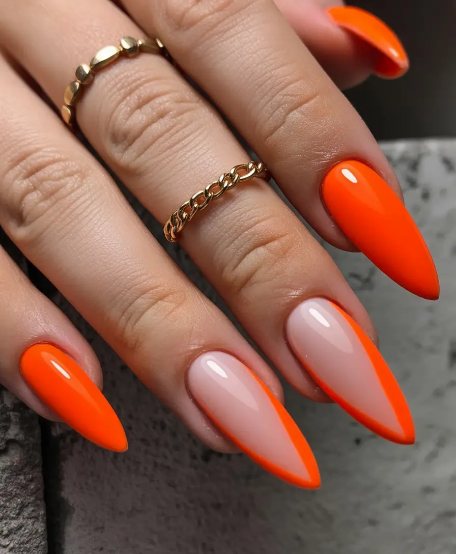 Creative Fall Acrylic Nails Designs 2025 (Short and Long Ideas) Neon Pumpkin French Stiletto