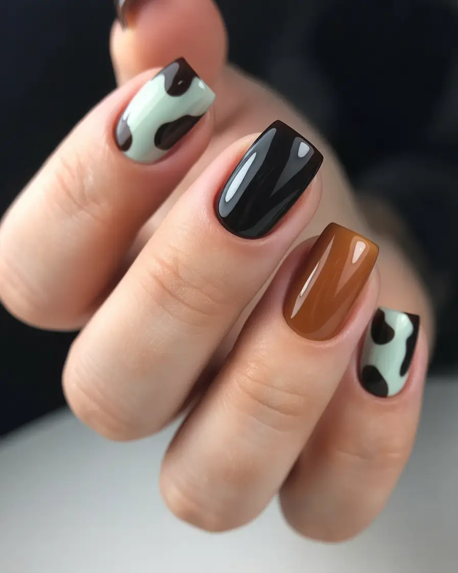 Creative Fall Acrylic Nails Designs 2025 (Short and Long Ideas) Modern Cow-Print with Autumn Browns