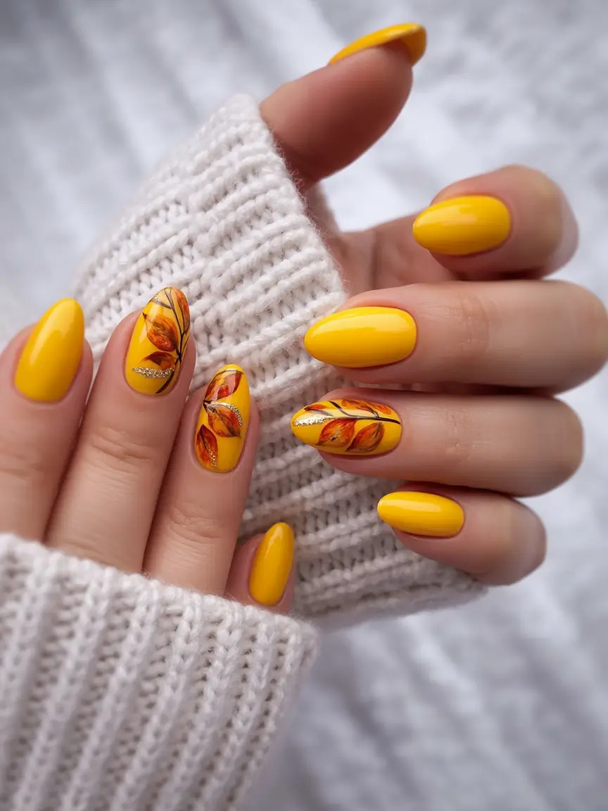Creative Fall Acrylic Nails Designs 2025 (Short and Long Ideas) Sunny Yellow with Autumn Leaf Accents