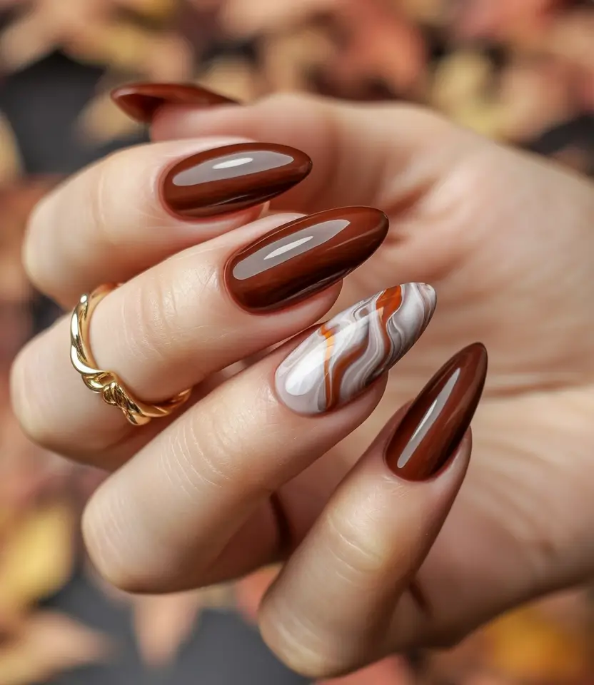 Creative Fall Acrylic Nails Designs 2025 (Short and Long Ideas) Chestnut Brown with Marble Accent