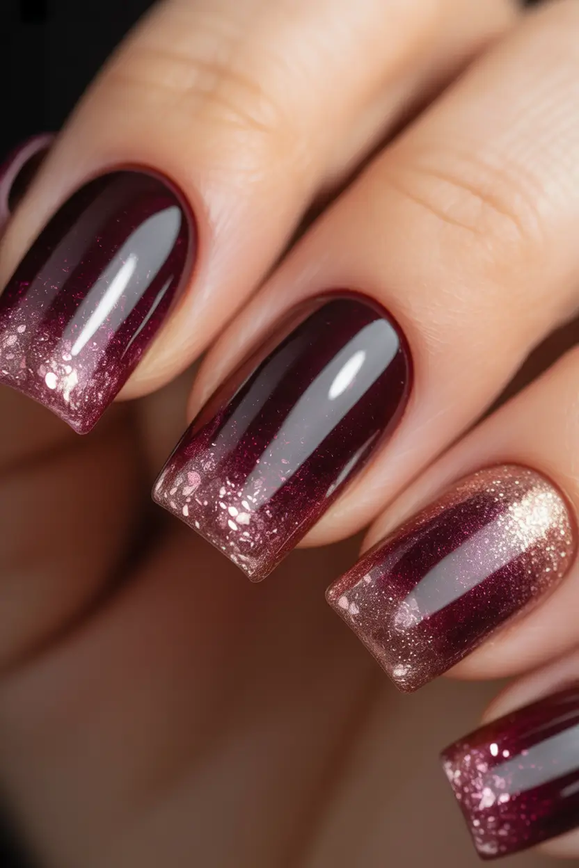 Creative Fall Acrylic Nails Designs 2025 (Short and Long Ideas) Wine Ombre Sparkle