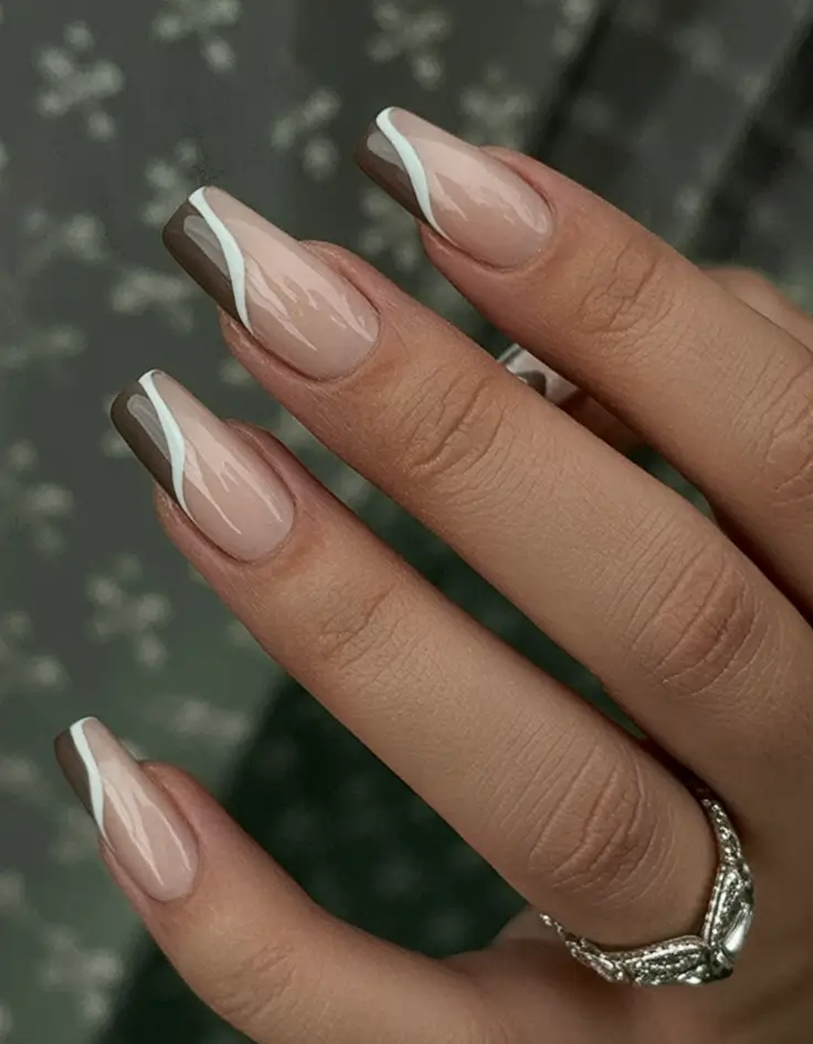 Creative Fall Acrylic Nails Designs 2025 (Short and Long Ideas) Minimalist Swirl Taupe White