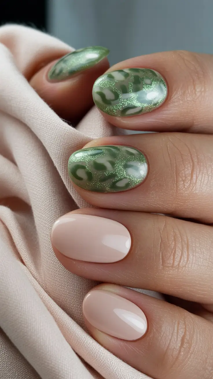 Creative Fall Acrylic Nails Designs 2025 (Short and Long Ideas) Soft Green Chrome Leopard