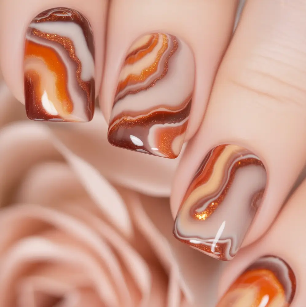 Creative Fall Acrylic Nails Designs 2025 (Short and Long Ideas) Earthy Marble Swirls