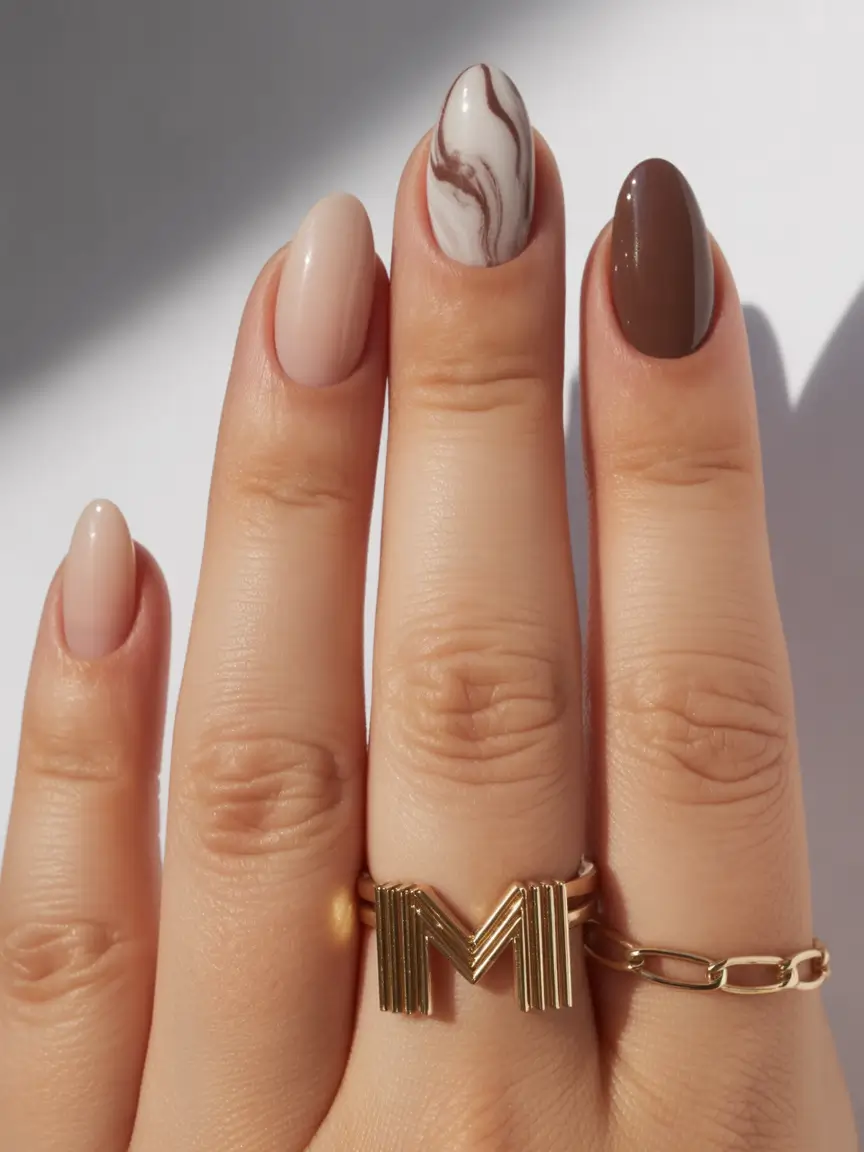 Creative Fall Acrylic Nails Designs 2025 (Short and Long Ideas) Neutral Cocoa Mix