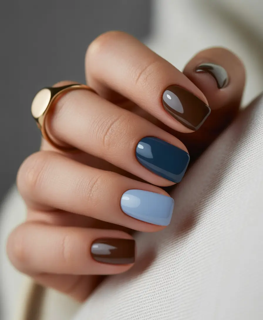 Creative Fall Acrylic Nails Designs 2025 (Short and Long Ideas) Chocolate and Blue Contrast