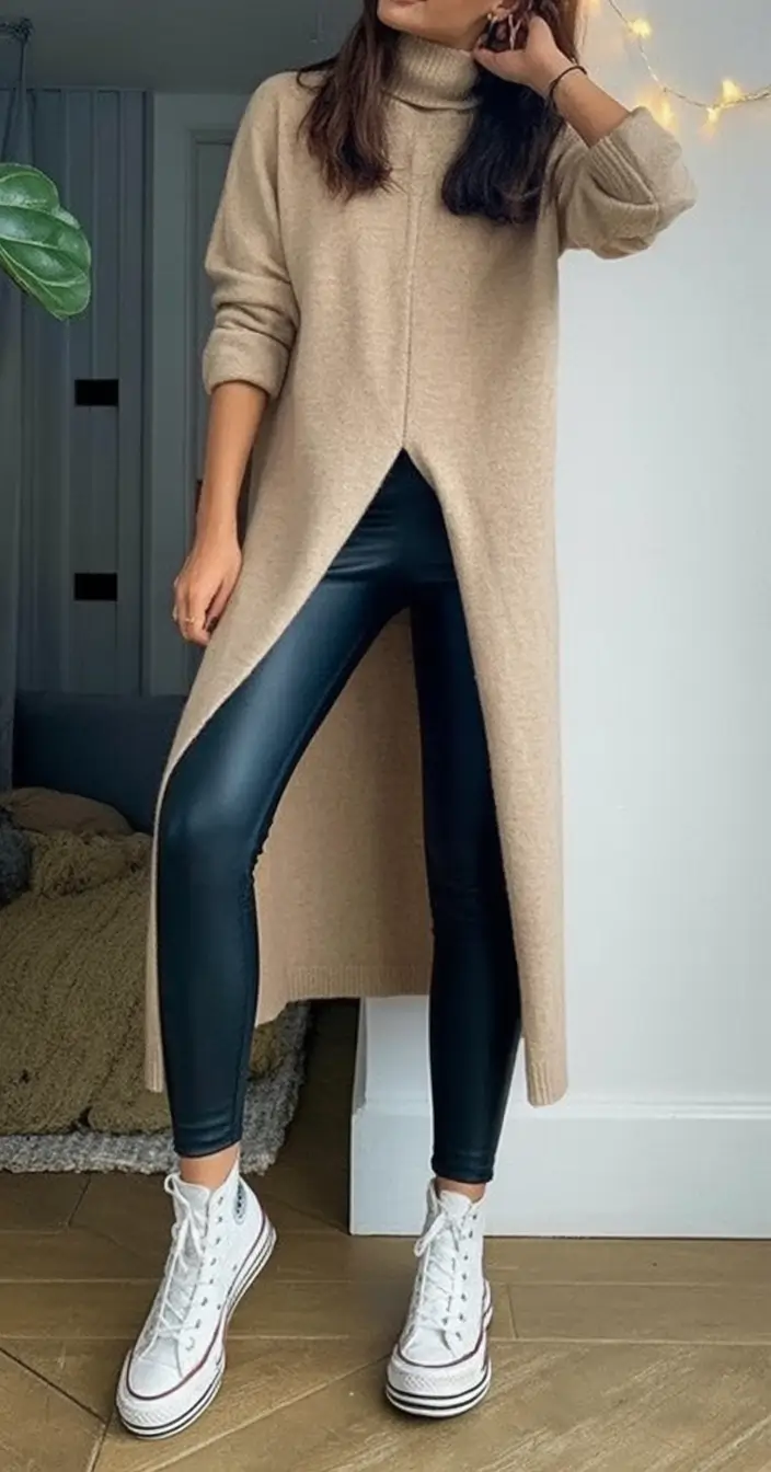 Easy fall outfits for busy moms – ideas for 2025 Layered Neutrals Meet Faux Leather