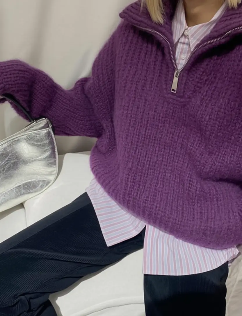 Easy fall outfits for busy moms – ideas for 2025 Purple Knit with a Classic Twist
