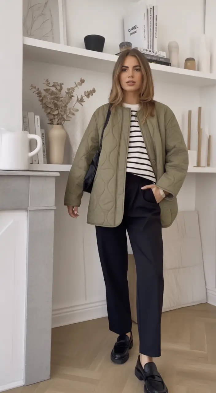 Easy fall outfits for busy moms – ideas for 2025 Quilted Layers with Parisian Stripes