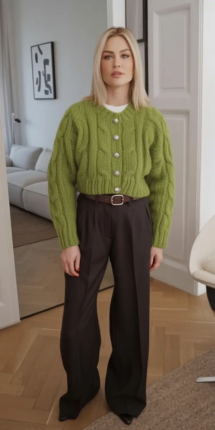 Easy fall outfits for busy moms – ideas for 2025 Cable-Knit Green and Espresso Brown