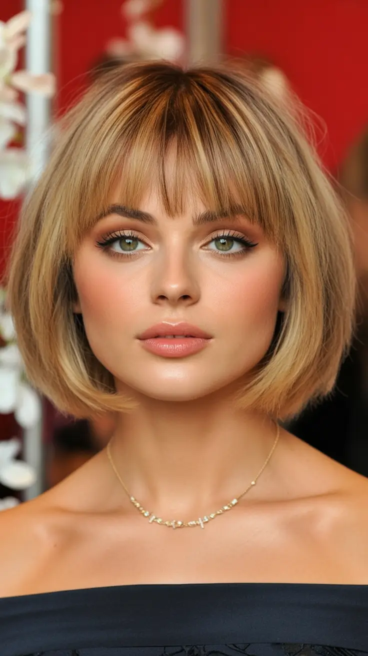 Easy Short Fall Hairstyles 2025 Golden Beige Bob with Soft Fringe