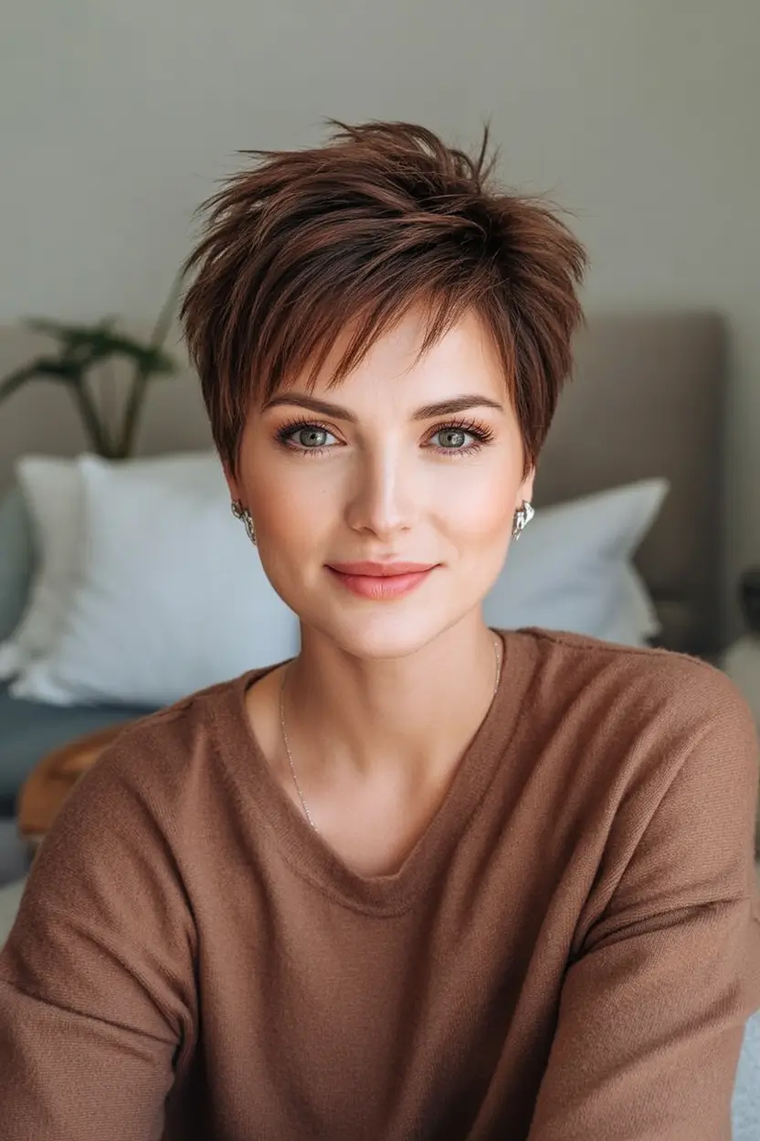 Easy Short Fall Hairstyles 2025 Textured Pixie with Warm Brunette Glow