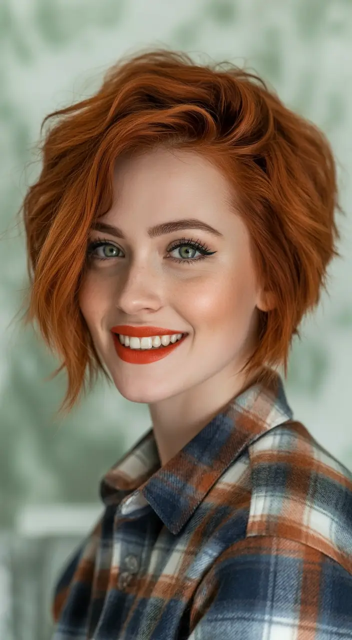 Easy Short Fall Hairstyles 2025 Textured Copper Waves for a Cozy Autumn Vibe