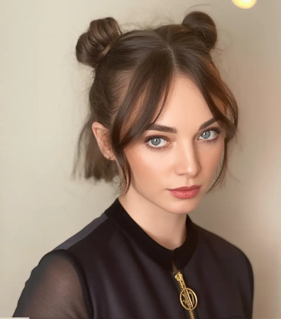 Easy Short Fall Hairstyles 2025 Playful Double Buns with Soft Curtain Bangs