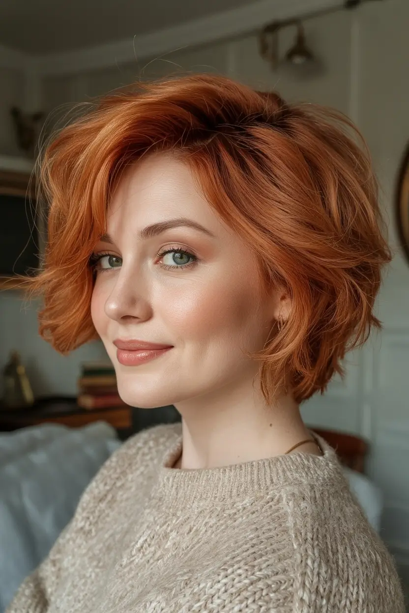 Easy Short Fall Hairstyles 2025 Layered Copper Bob with Tousled Ends
