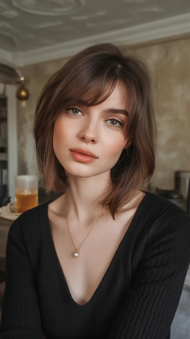Easy Short Fall Hairstyles 2025 Soft Brunette Bob with Wispy Fringe
