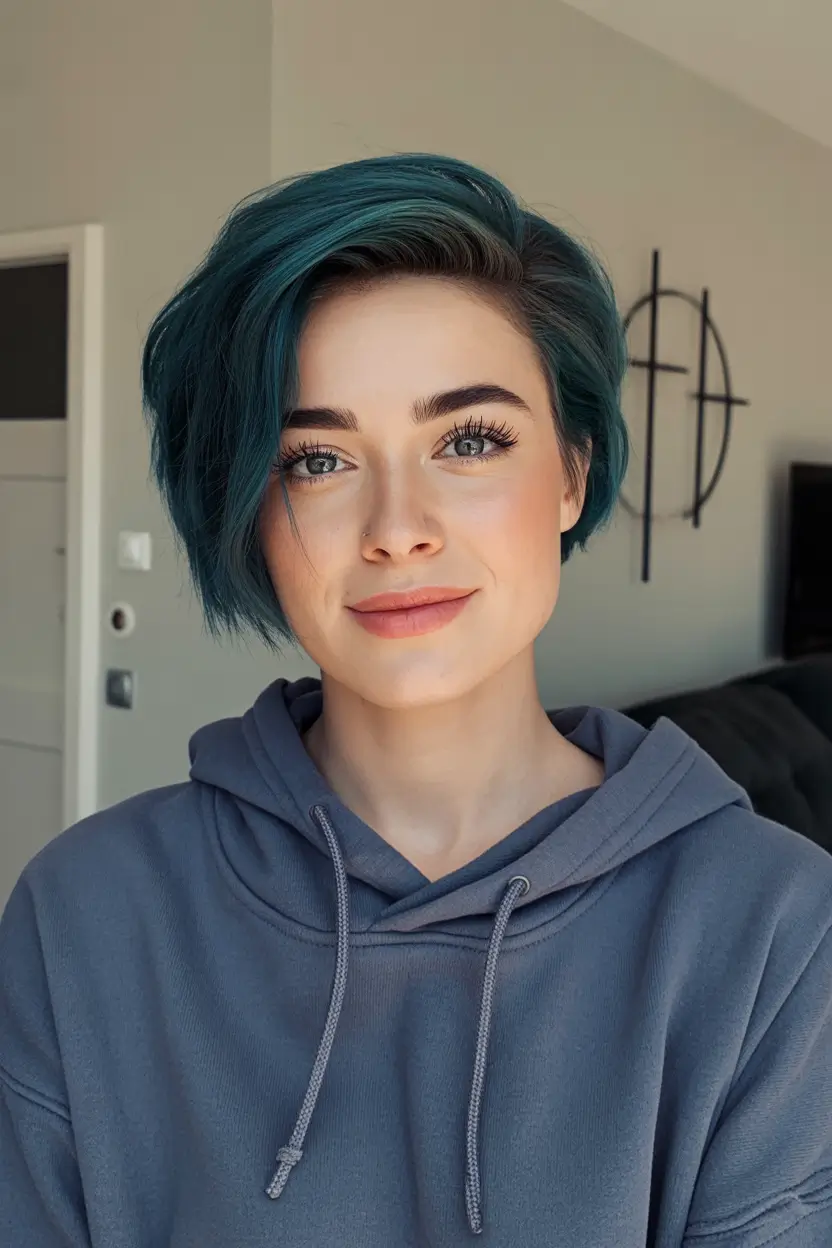 Easy Short Fall Hairstyles 2025 Deep Teal Pixie-Bob with Side Sweep