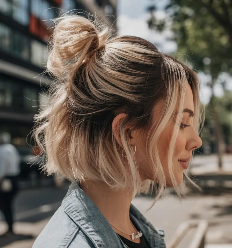 Easy Short Fall Hairstyles 2025 Messy Top Knot on a Short Bob