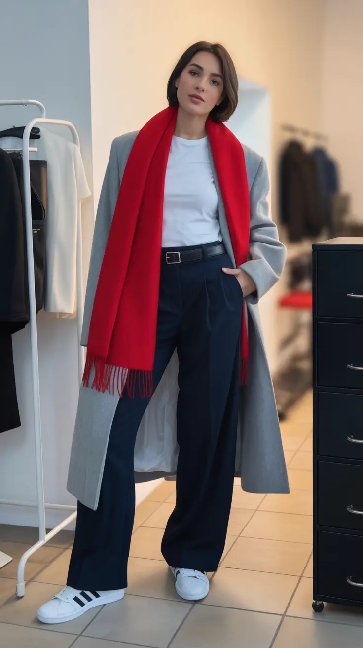 Fall 2025 outfits for Everyday Life: Style Ideas Gray Coat Red Scarf