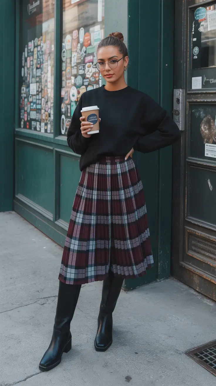 Fall 2025 outfits for Everyday Life: Style Ideas Plaid Skirt with Black Knit
