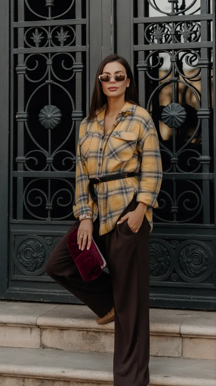 Fall 2025 outfits for Everyday Life: Style Ideas Yellow Plaid Shirt with Wide Pants