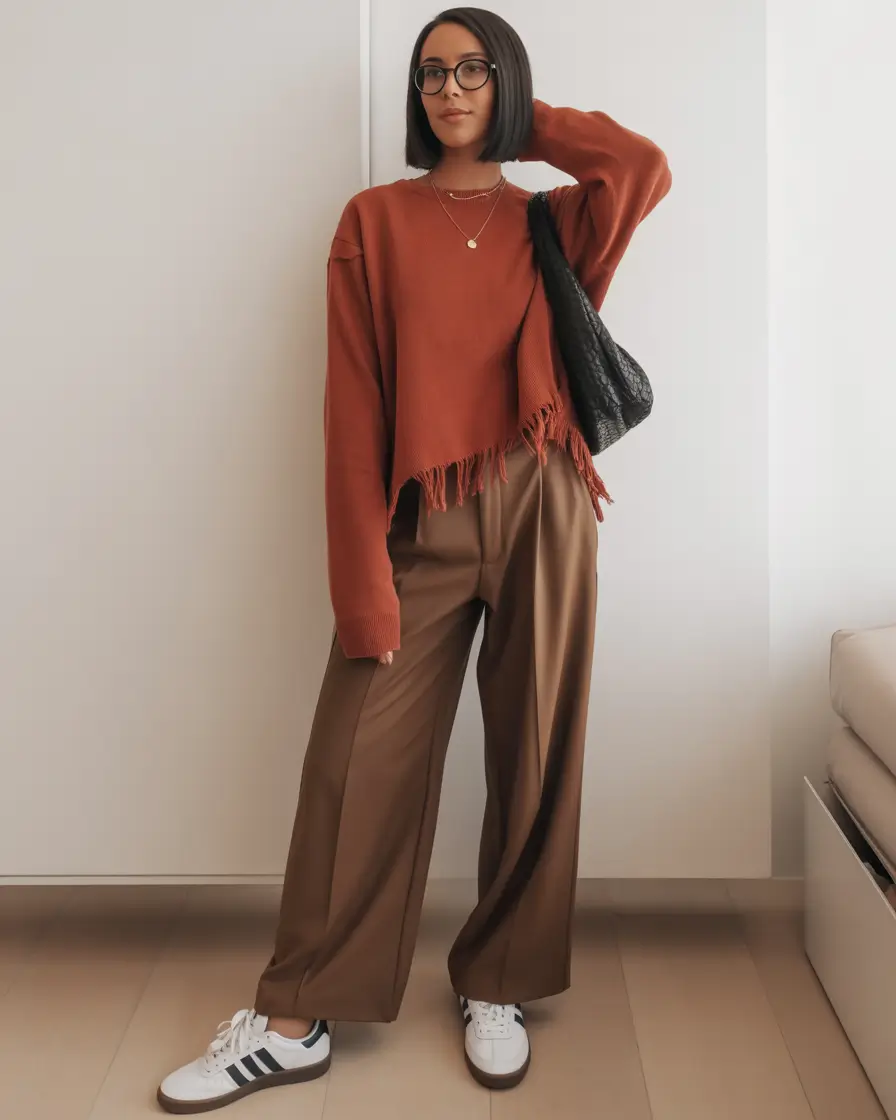 Fall 2025 outfits for Everyday Life: Style Ideas Rust Sweater with Loose Trousers