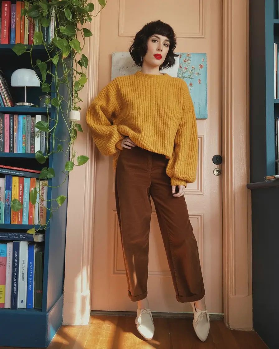 Fall 2025 outfits for Everyday Life: Style Ideas Mustard Knit with Brown Pants