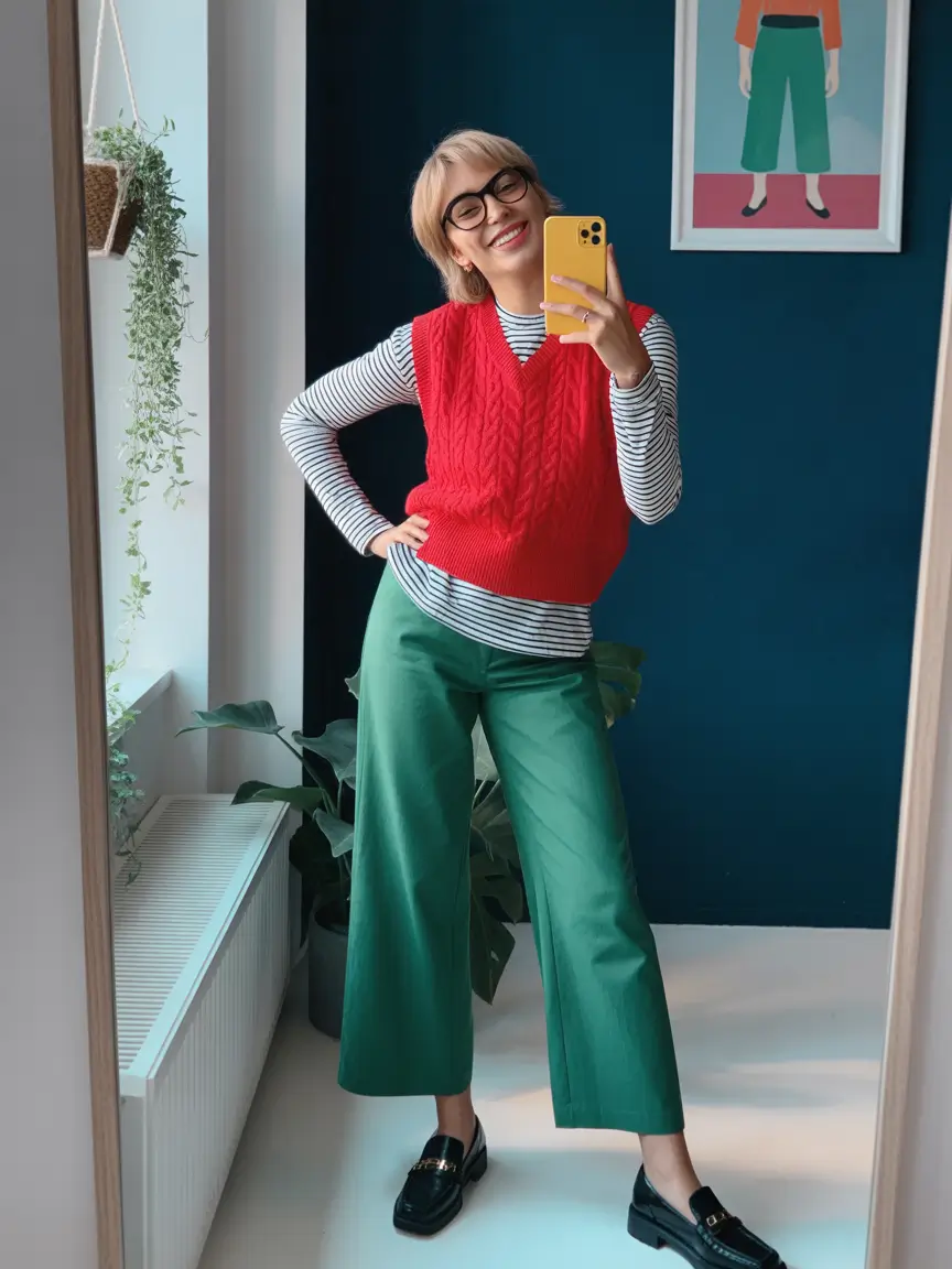 Fall 2025 outfits for Everyday Life: Style Ideas Playful Red Vest with Green Pants