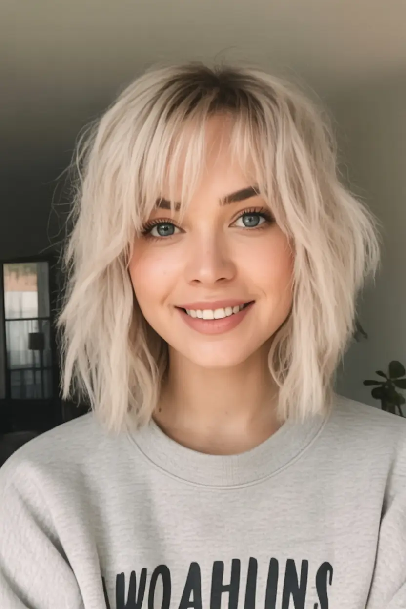 Fall Haircut Ideas for September 2025 Soft Textured Blonde Bob with Wispy Bangs